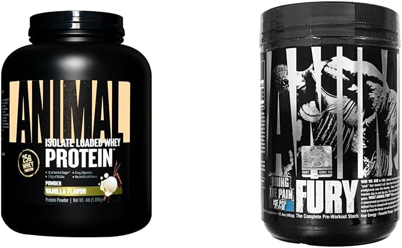 Animal Whey Isolate Whey Protein Powder - Isolat Loaded for Post Workout and Recovery & Fury - Pra Workout Powder Suplemen untuk Energi dan Fokus