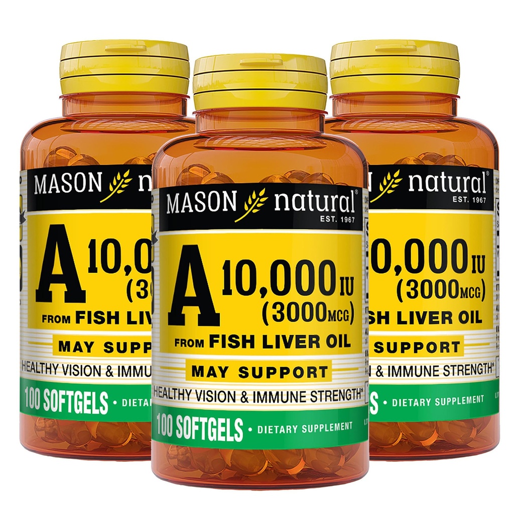 MASON NATURAL Vitamin A 3.000 mcg (10.000 IU) dari Fish Liver Oil, Supports Vision & Ammune Health, 100 Softgeels, Paket 3