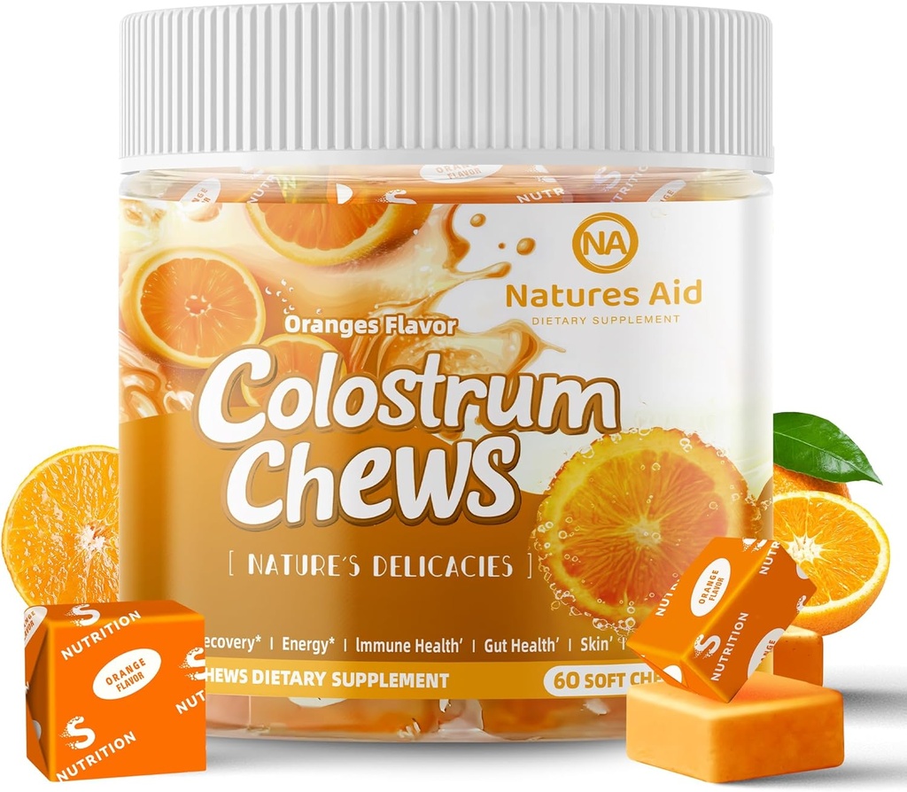 Colostrum Chews Supplement with progrants for Gut Health, Bloating, Imune Dupport, Skin, Hair Growth and Beauty - Orange Flavor (60 Serviings)