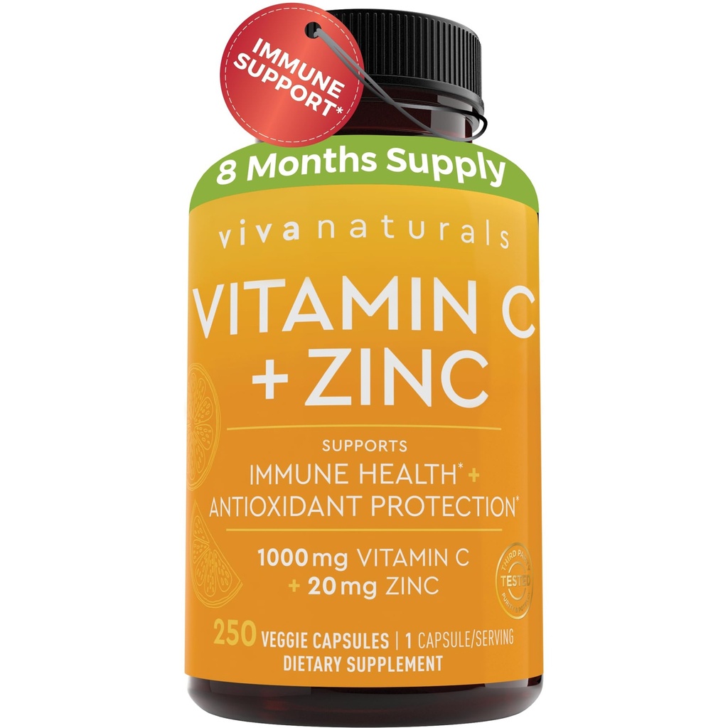 Viva Vitamin C dan Zinc Suplemen 1000mg - Zinc 20mg (250 Vevgie Capsules) - Tinggi-Potency & Vitamin C dengan Zinc untuk Dukungan Imune - Non-GMO, Gluten Free (8 Bulan Suppply)