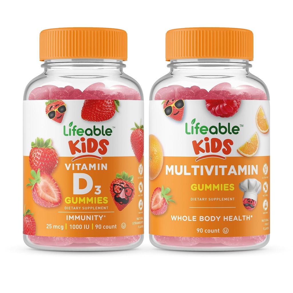 Lifeable Vitamin D Kids + Multivitamin Kids, Gummies Bundle - Great Tasting, Vitamin Suplement, Gluten Free, GMO Free, Chewable Gummy