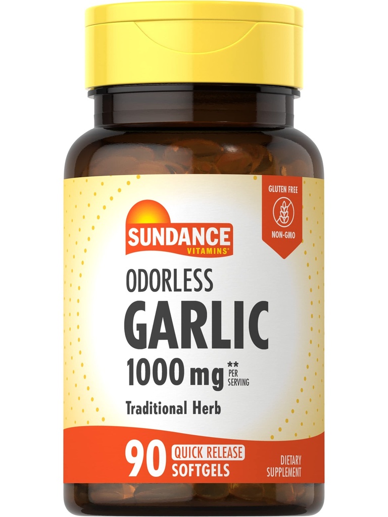 Sundance Odorless Bawang putih Softgels 124; 10000mg = 124; 90 Count = 124; Non- GMO dan Gluten Free Suplemen