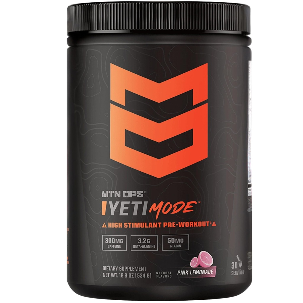 MTN OPS Yeti Mode Pre-Workout Powder - Explosive High- Stimulant dengan 300 mg Caffeine, Creatine Monohydrate, Beta- Alanine, dan 45mg Niacin- Pink Lemonade Flavor dalam 30 Serving Tub
