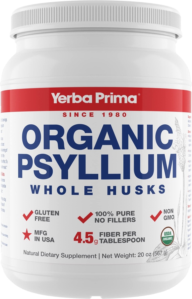 Yerba Prima Organic Psyllium Whole Husks Colon Cleanser - 20 oz - Natural Daily Dietary Fiber Suplemen 20oz, Colon Cleanser, Regularity & Detox Cleansing Dukungan, Gluten Free, Non GMO, Vegan