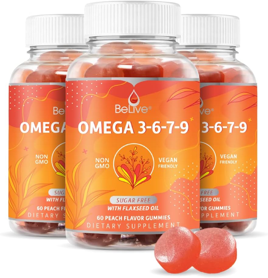 BeLive Organic Omega 3 Gummies - Omega 3 6 9 7 DHA & EPA dari Flaxseed Oil & Sea Buckthorn Fruit Oil, Vegan, untuk Anak-anak & Dewasa, Tubuh Penuh, Otak & Mata Dukungan, Sugar Free - Peach 124; 3