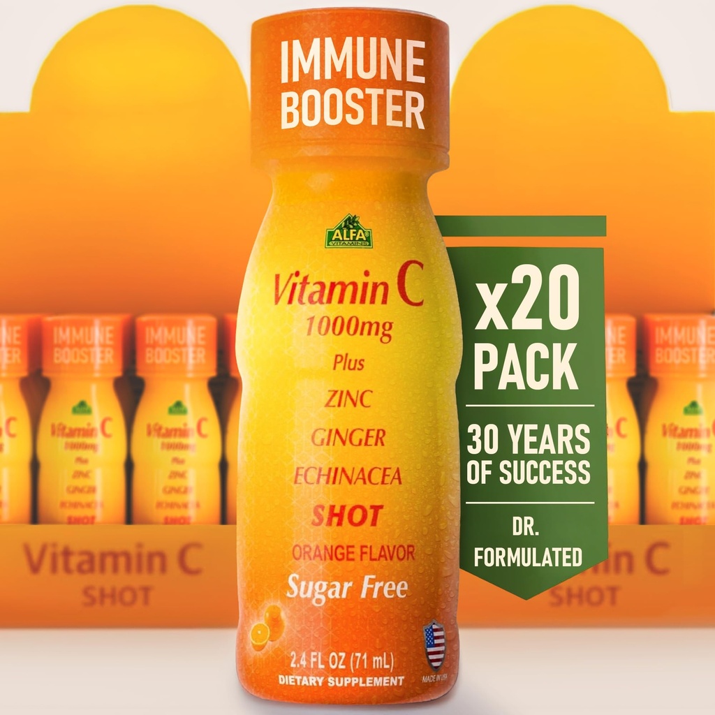 Vitamin C Shot 100MG - Imunitas Booster dengan Zinc, Ginger, & Echinacea - Melindungi Kebal Anda - Fight The Common Cold - Orange Flavor - 2.4 FL Oz Bottle - 20 Pack