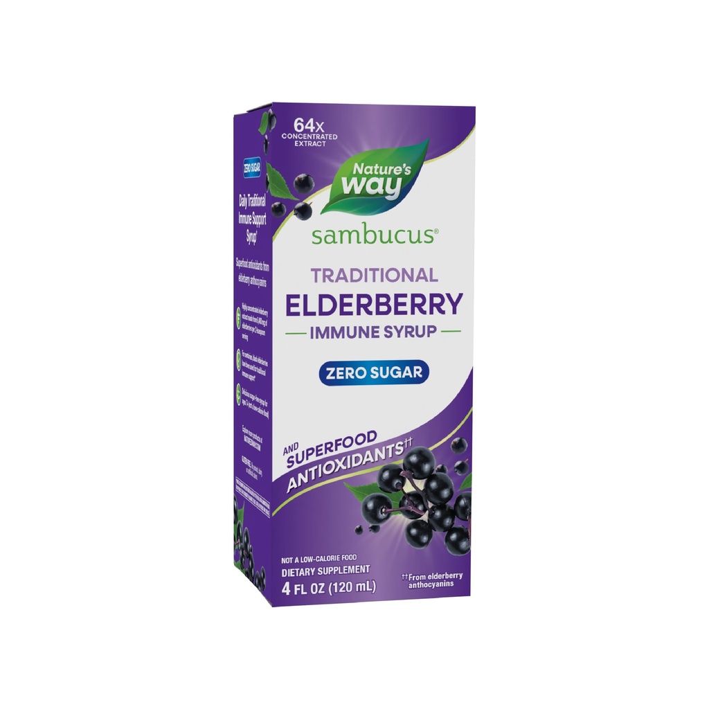 Nature 's Way Sambucus Zero Sugar Tradisional Immune Syrup, Sangat berkonsentrasi Ekstrak Elderberry Hitam, Dukungan Kebal Tradisional *, dengan Antioksidan Superfood (1), 4 Fl Oz (Packing May Vary)