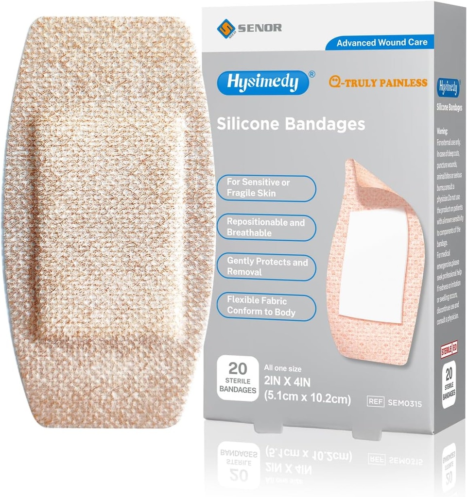 Silicone Adhesive Bandages Large Size for Sensitive Fragile Skin 2 "x4" 20 Count Fleksible Fabric Lateks Bebas Hiperalergenik Perban XL