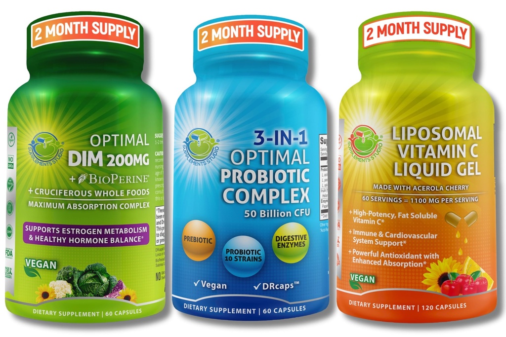 Hormonal, Digetical & Imune Dukung Bundle - DIM 200mg dengan BioPerine ® & Cruciferous Whole Foods + Vegan 3 - 1 Probiotic 50 Milion CFU + Liposomal Vitamin C 11100mg dengan Acerola Cherry - Tidak ada Pembakar