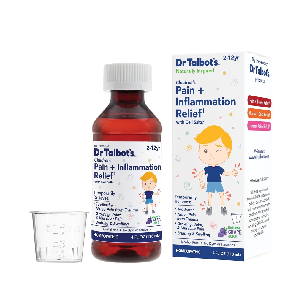 Dr. Talbot 's Pain + Inflammation Relief Liquid Medicine for Children, Includes Dosage Cup, Grape Juice Flavor, 4 Fl Oz (Packaging May Vary)