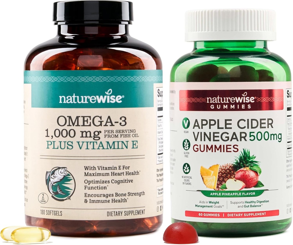 Naturrewise Omega-3 Fish Oil 1000mg dengan E 180- Count + Apple Cider Vinegar Gumies 500mg dengan B12, 60- Count (Vegan Gummy) - Bundle for Heart, Eye, Digetives Health - Gluten Free, Soy- Free, Non-GMO