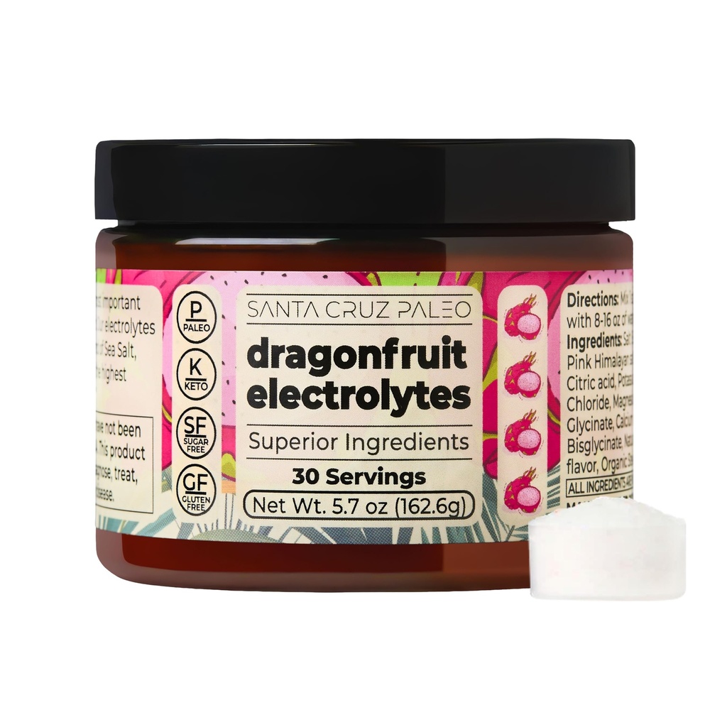 Santa Cruz Paleo Electrolite Powder, Dragon Fruit Flavor, Sugar Free Hydration Drink Mix dengan Himalaya Pink Salt, Sea Salt, Magnesium Glycinate, Potasium Chloride, Dipermanis dengan Stevia, 30 Pelayan