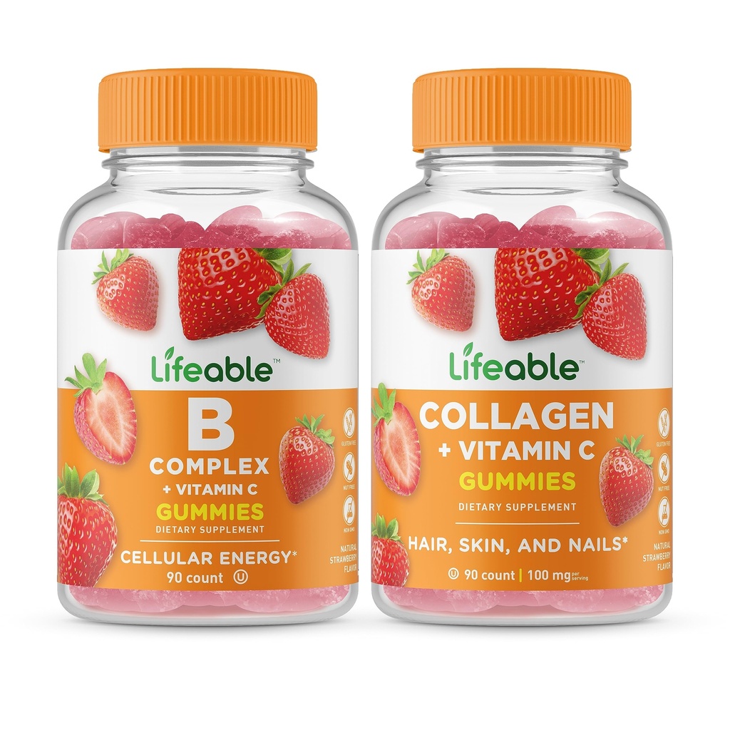 Kompleks B Lifeable + Collagen & Vitamin C, Gummies Bundle - Great Tasting, Vitamin Suplemen, Gluten Free, GMO Bebas, Gummy Dimasak