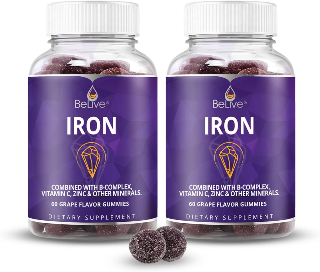 BeLive Iron Gummies - Multivitamin Iron Suplement with Vitamin C, A, B & Zinc, Support Blood Oxygen, Vegan Suplemen Perempuan, Pria & Anak-Anak untuk Pertumbuhan dan Pengembangan - Grape Flavor 124; 2- Pack