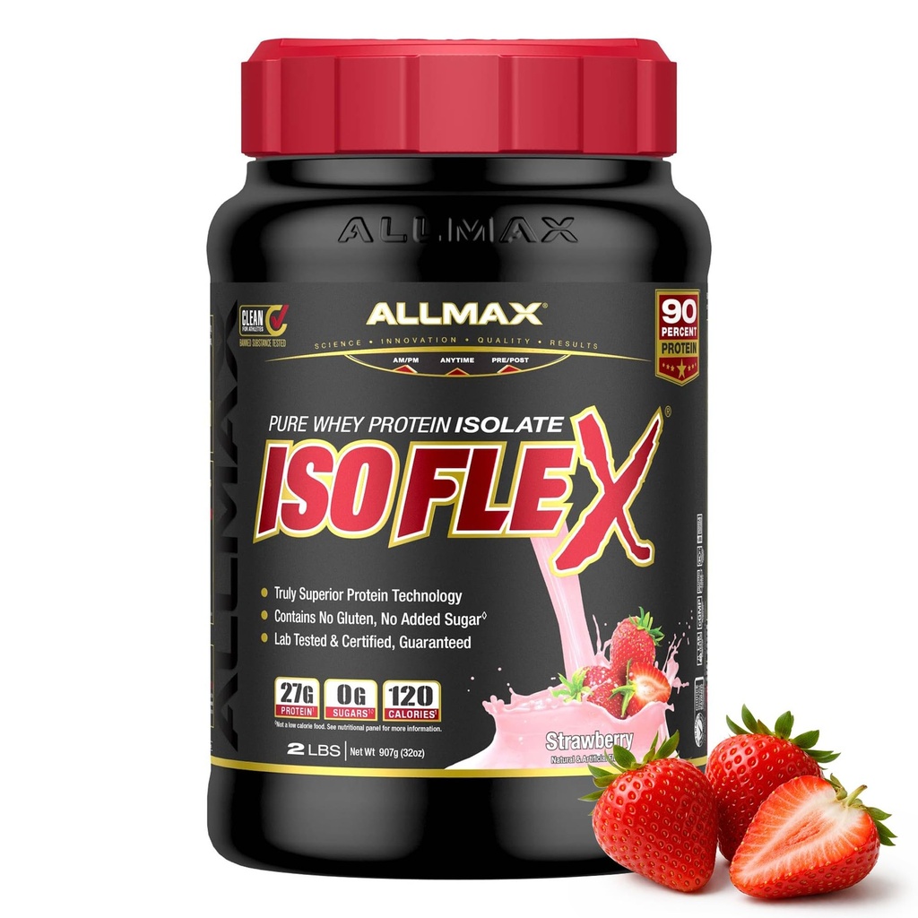 ISOFLEX NALLMAX Whiy Protein Isolate, Strawberry - 2 lb - 27 Grams of Protein Per Scoop - Zero Fat & Sugar - 99% Laktosa Free - Gluten Free & Soy Free - Perkiraan 30 Pelayan