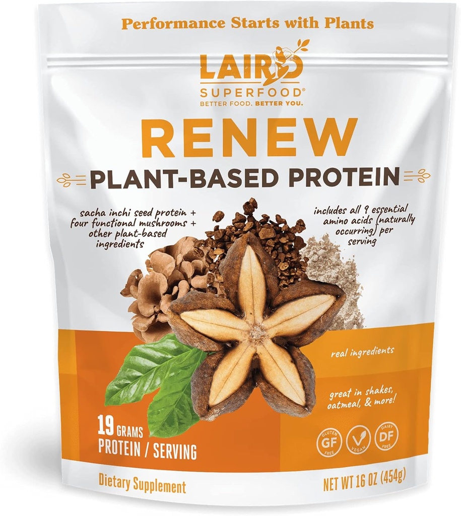Laird Superfood Renew Poster Protein berbasis, 19 Grams Protein, Vegan dengan Sasha Inchi Benih Protein, Empat Jamur Functional, Pengawet Bebas, Gluten- Bebas, Dairy- Bebas, 16 oz. Tas