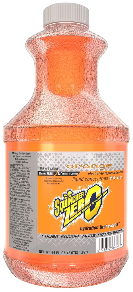 Sqwincher Zero Liquid konsentrasi 124; Orange Flavored 124; Sugar Free 124; Low Calorie 14; Low Sodium 14; Electrolite Replenation Hydration Minum Mix 124; Makes 5 Gallons of Beverage