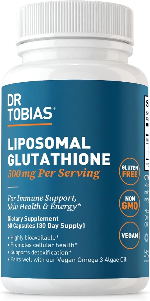 Dr. Tobias Lipomal Glutathione, 500mg Per Serving - Sangat Biothione Suplemen, Support Energy, Skin & Imune Health - Vegan, Gluten- Free, Non-GMO, 60 Capsules, 30 Servings