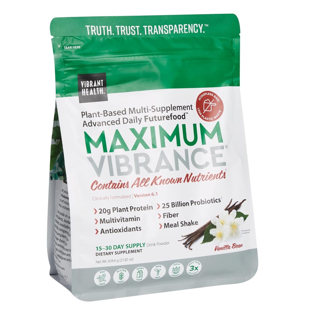 Vibrant Health, Maximum Vibrance, Plant-Based Superfood Supplemen dengan Multivitamin, Protein dan 25 Milyar CFU Progories, Vanilla, 15 Serving Pouch