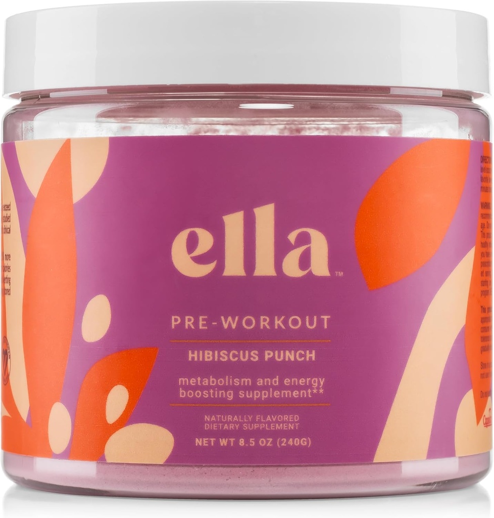 Towder Telanjang Ella Pre Workout, Hibiscus Punch Amino Energy dengan Vegan BCAA Amino Acids, Natural Caffeine, Pretraining Boost for Men & Women, 30 Servings