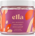 Towder Telanjang Ella Pre Workout, Hibiscus Punch Amino Energy dengan Vegan BCAA Amino Acids, Natural Caffeine, Pretraining Boost for Men & Women, 30 Servings