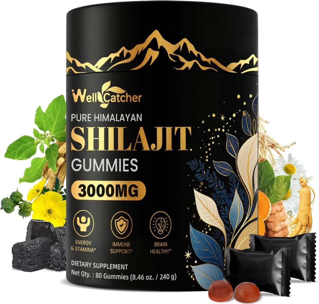 Shilajit Gummies for Men Women: Murni Himalaya Shilajit Organik dengan Ashwagandha 85 + Trace Minetal & Fulvic Acid Individually Wrapped for Energy Brain Immunity Dupport No Sugar 40 Servings