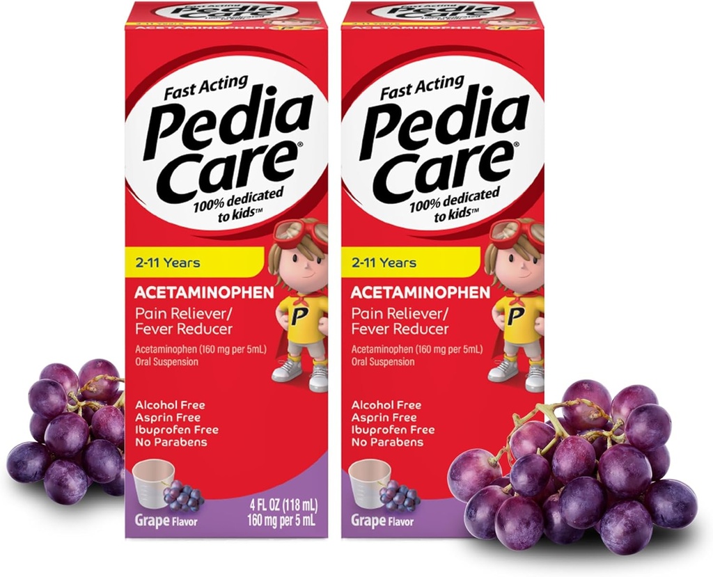 Fast Acting Children 's Reliever / Kids Fever Reducer with Acetaminopenhen Oral Suspension, Ages 2-11, Zero Alkohol atau Aspirin atau Ibuprofen, Grape Flavor, 4 fl oz (2 Pack)