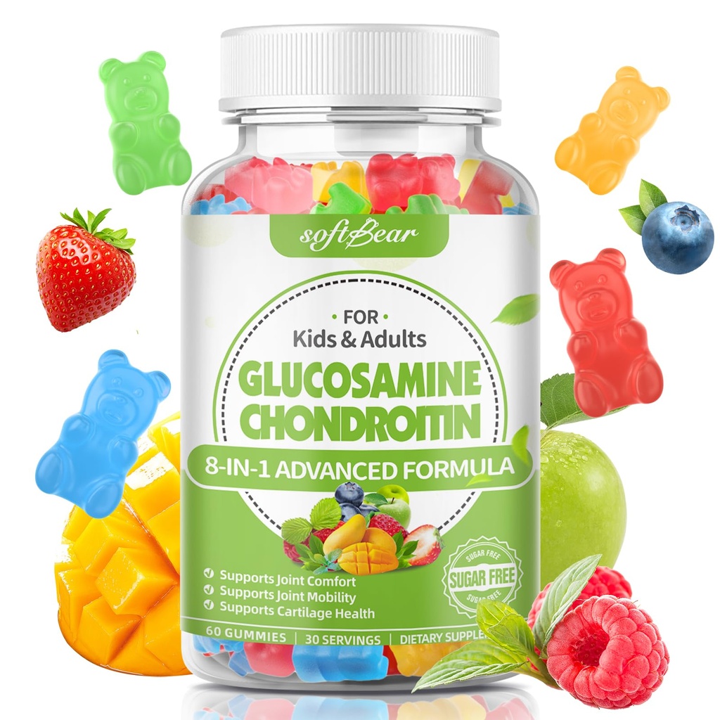 Slow Bear Glucosamin Chondroitin Gummies for Adults, Sugar Free Chondroitin & Glucosamin Suplemen Nutration untuk Dukungan Bersama, Mixed Fruit Flavor, 60 Count