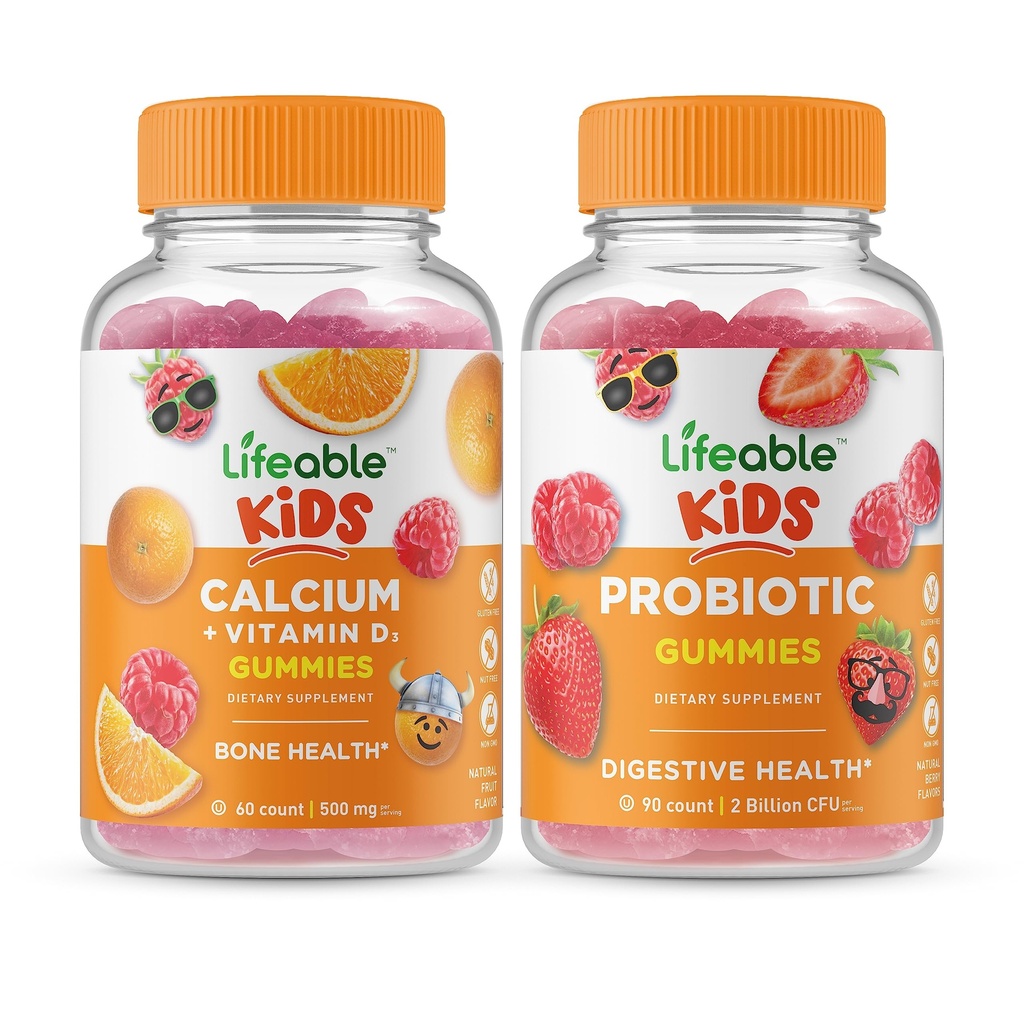 Lifeable Calcium dengan Vitamin D Kids + Probiotic 2 Milyar CFU Kids, Gummies Bundle - Tasting Besar, Tambahan Vitamin, Gluten Bebas, GMO Bebas, Gummy Chewable