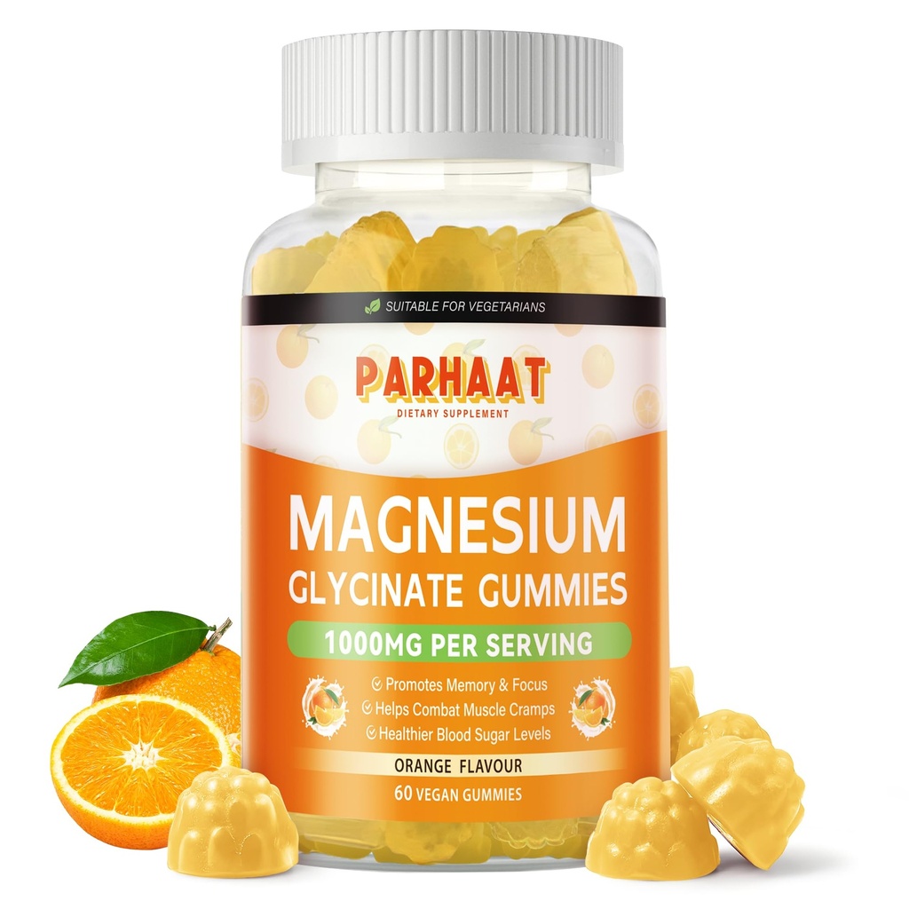 Magnesium Glycinate Gummies 1000mg - Sugar Free Magnesium Potsium Suplemen dengan Vitamin D, B6, CoQ10 untuk Calm Mood & Sleep - 60 Orange Gummies