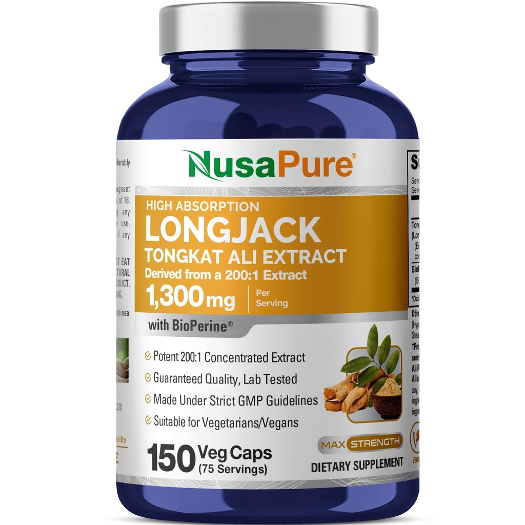 NusaPure Longjack Tongkat Ali 260mg 150 Veggie Caps (Non- GMO, Gluten Free) Bioperin