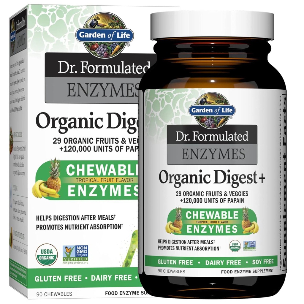 Garden of Life Digetical Enzymes dengan Papain, Bromelain dan Lipase untuk Absorpsi Nutrient dan Diathable Support, Tropical Fruit, Dieter Suppplemen, Sertifikasi Vegan, 90 Chewables