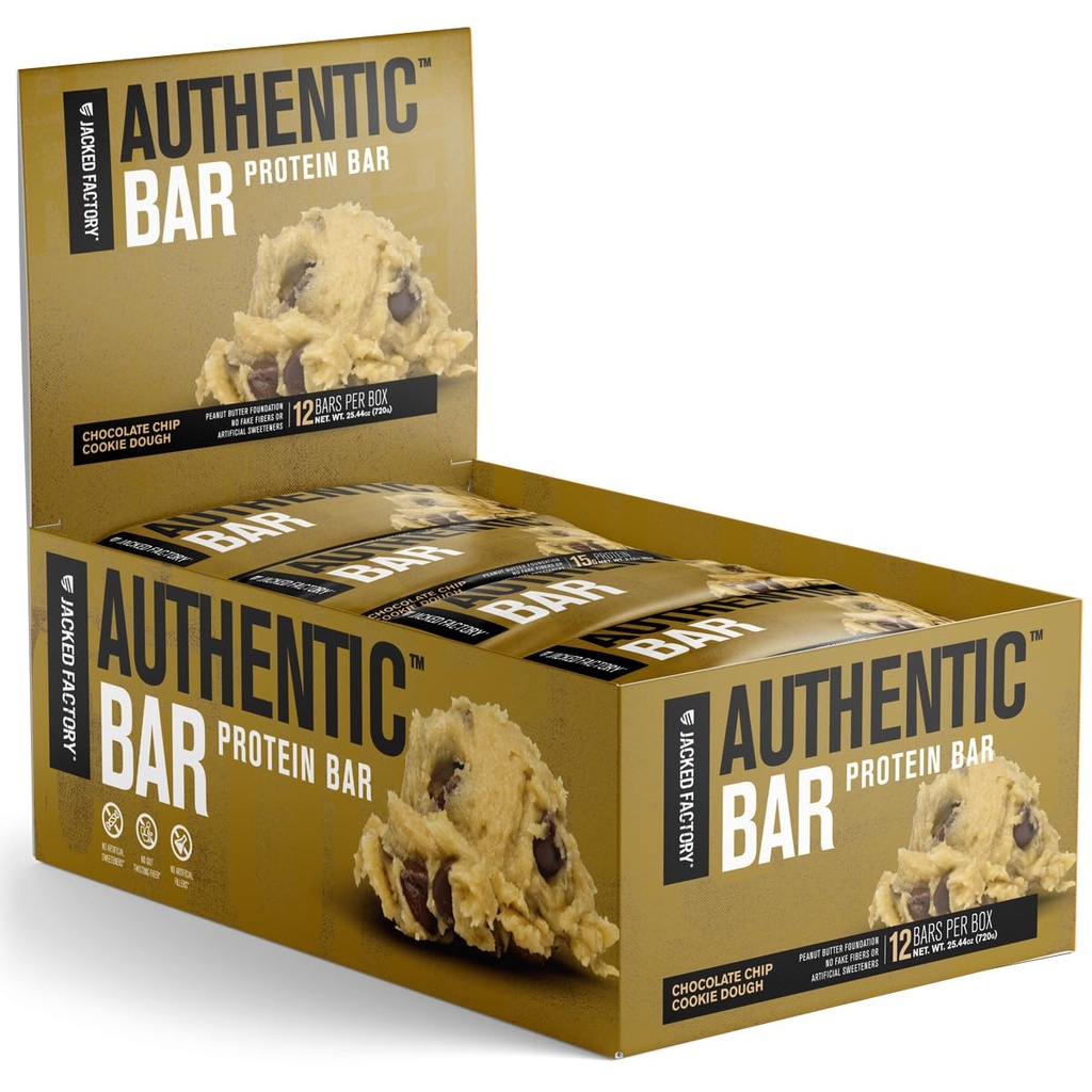 Authentic Bar Chocolate Chip Cookie Dough Protein Bars - Meal Penggantian Protein Snack Bars w / 15g Wey Protein Isolate, Peanut Butter Foundation, Sehat Fats, Alamly Sweetened - 12 Pack