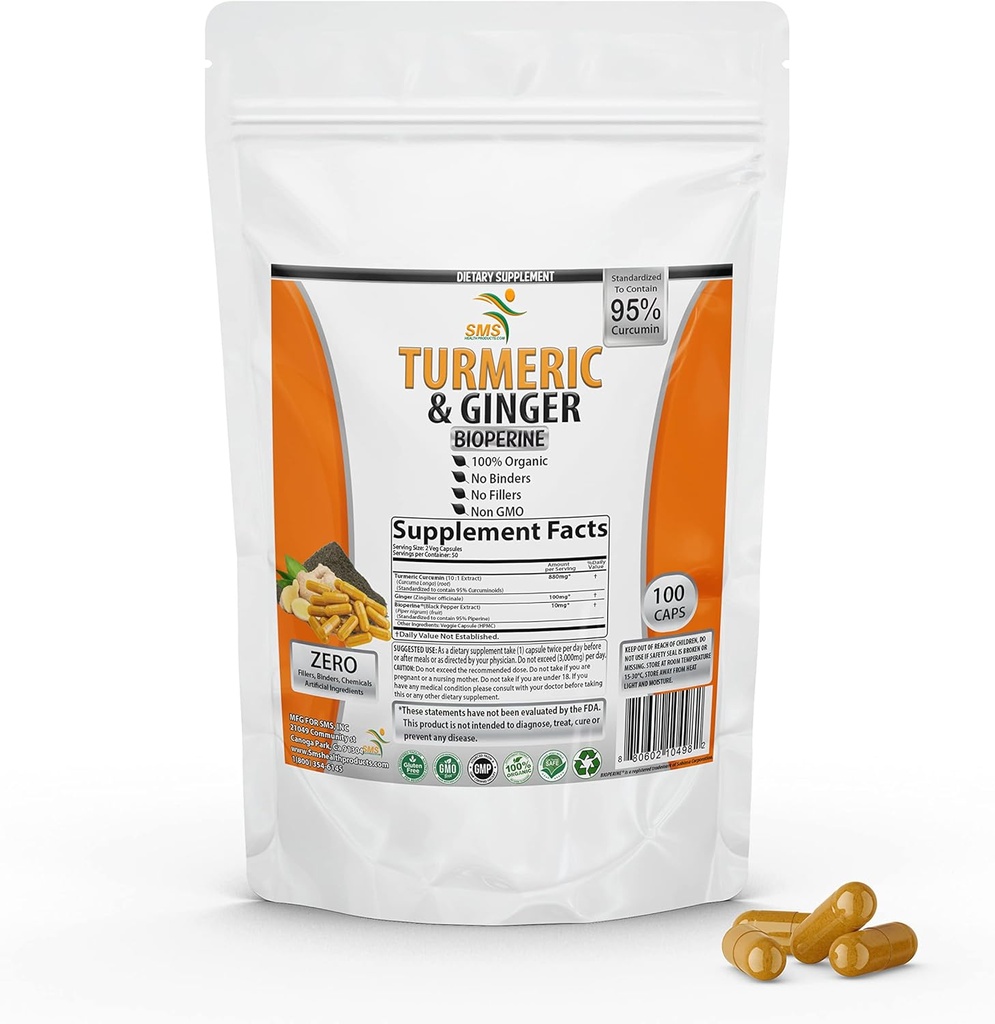 Curcumin Turmeric dengan Ginger, BioPerine Black Pepper, 95% Curcuminoids, 95% Curcuminoid Standardisasi & Bioperine untuk Potensi & Absorpsi, Supplemen Tumeric, dibuat di USA - 100 Veggie Capsules