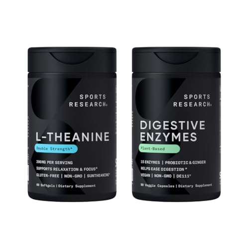 Riset Olahraga Kekuatan Ganda L- Theanine Tambahan Suntheanine Softgels untuk Fokus, Relaxation & keselarasan dengan Coconut Oil 60 Count dan Digeptical Enzymes + Propoles & Ginger Tanaman Based 90 Count