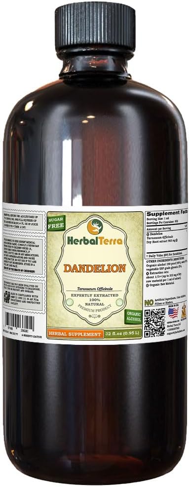 Dandellion (Kantor Taraxacum) Tincture, Organic Drish Roots Extract (Nama Merek: HerbalTerra, Proughtly Made in USA) 32 f.oz (0.95 l)