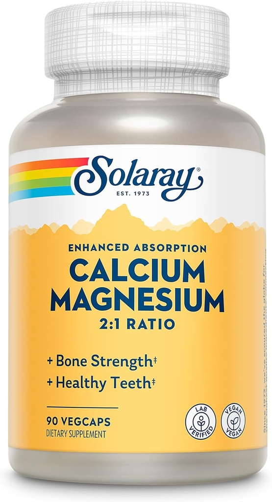 Suplemen Perempuan dan Pria Kalsium SOLARAY Calcium Magnesium, Suplemen Magnesium & Kalsium, 2: 1 Rasio, Kesehatan Tulang & Kekuatan, Vegan, Absorpsi Tinggi, Jaminan 60 Hari, 22 Servis VevCaps