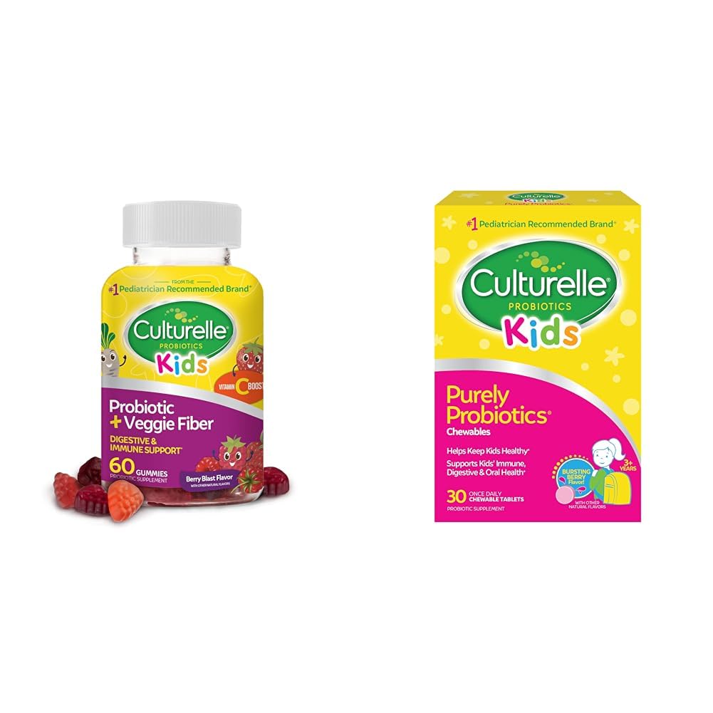 Cultuelle Daily Probiotic for Kids + Veggie Fiber Gummies (Ages 3 +) - 60 Count & Kids Chewable Daily Probiotic for Kids, Ages 3 +, 30 Count