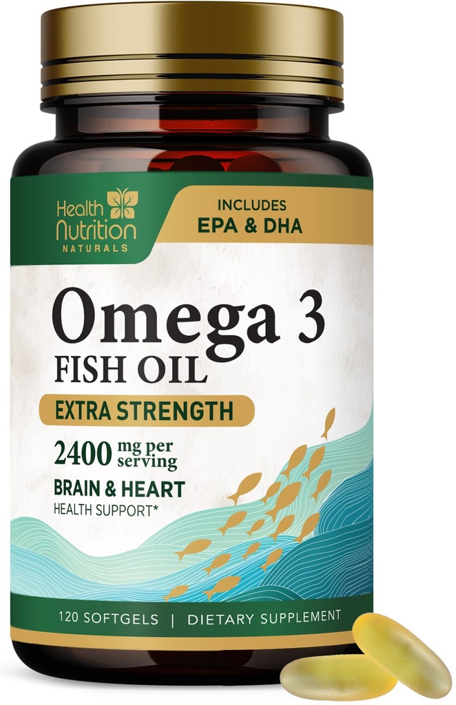 Omega 3 Minyak Ikan 2400 mg - Triple Kekuatan Omega- 3 Suplemen - Natural Heart Health & Imune Dukungan - Acids Gendut dengan EPA & DHA - Wild Caught Purified Fish Oil Suffels - 120 Softgels