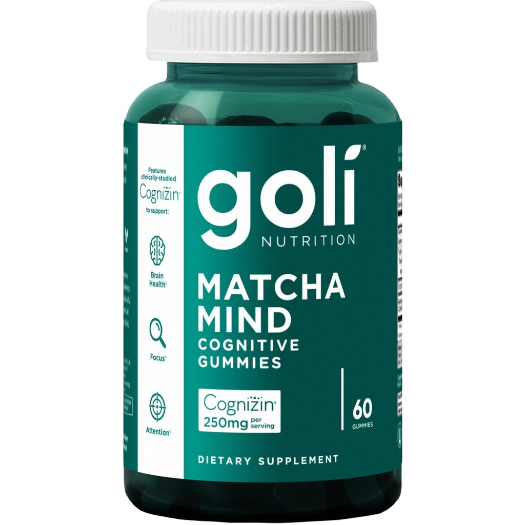 Goli Matcha Mind Gummies - 60 Count - Green Tea Leaves Powder dengan Colnizin for Focus, Attention and Brain Health, Vegan, Non-GMO, Gluten- Free & Gelatin Free.