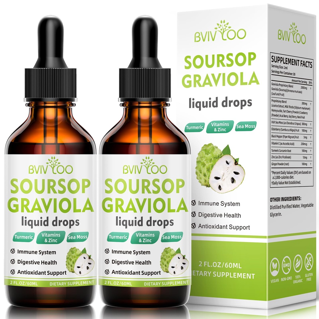 2 Pack Soursop Graviola Liquid Drops - 2000mg Soursop Extract Blended - 300mg Moss & 100mg Elderberry - powerful Cell Support, Antioksidant- Rich, Immune- Boosting - 4 Fl Oz (120ml) Botol
