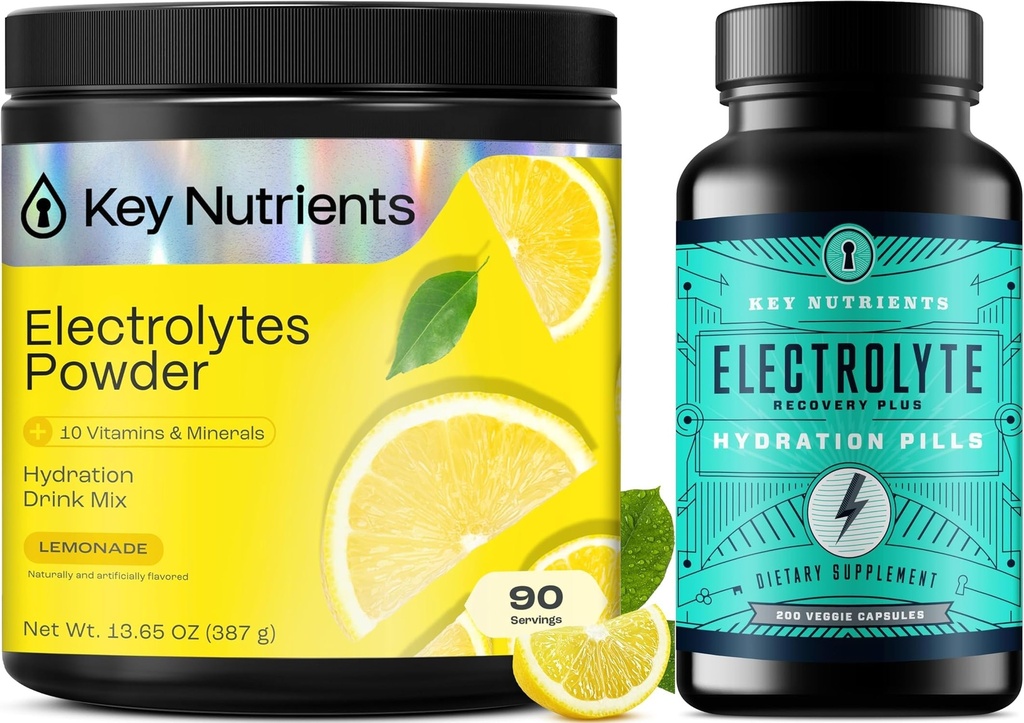 KEY NUTRIENTS Hdration Bundle - Multivitamin Electrolite Powder Lemonade (90 Servings) & Electrolite Tablets (200 Tablet) - No Sugar, No Calories - Sodium & Energy Support -, Made USA