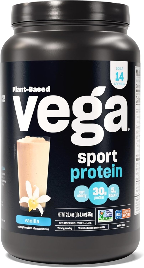 Vega Sport Protein Powder Vanilla (14 porsi, 20.4 oz) - Tanaman berbasis Vegan Protein powder, BCAAs, Amino Acid, tart cherry, Non Dairy, Gluten Free, Non GMO (Packaging May Vary)