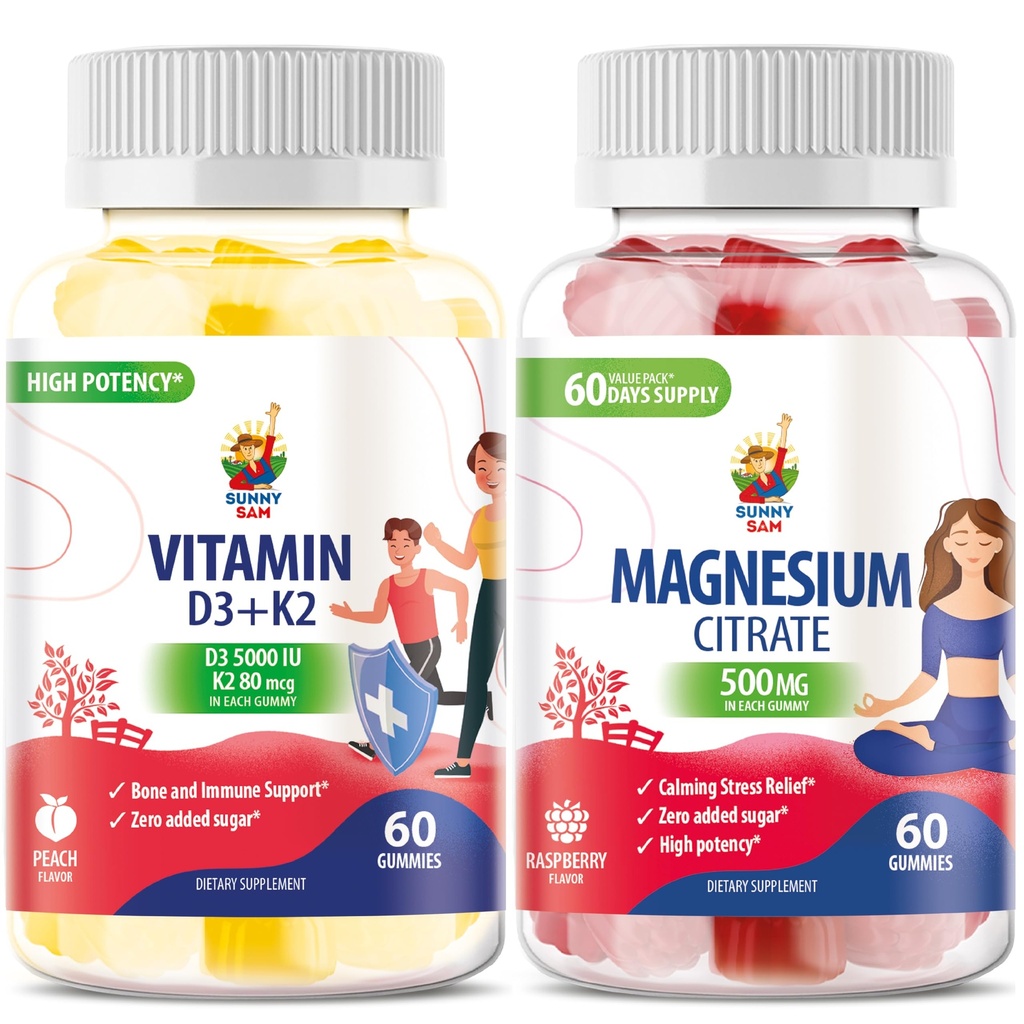 Vitamin D3 K2 Gummies 5000 IU - Imune & Stok Tulang & Magnesium Gummies untuk Anak-anak & Dewasa - 500mg