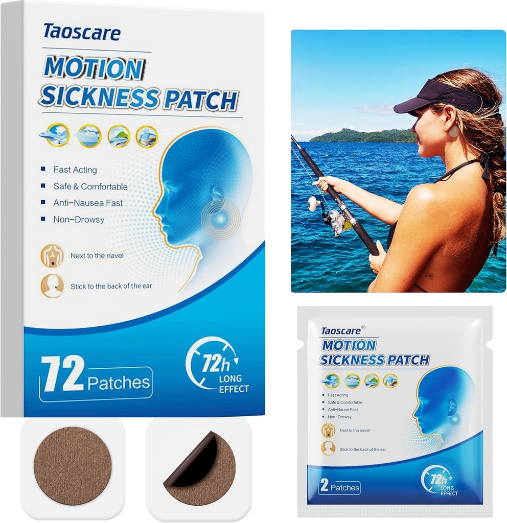 Motion Sickness Patches, Sea Sickness Patch for Cruise, Non- Drowsy, Car / Ships / Airplane / Amusement Park Trip Fisik Relief, Travel Esentials for Kids and Adults (72 Count)