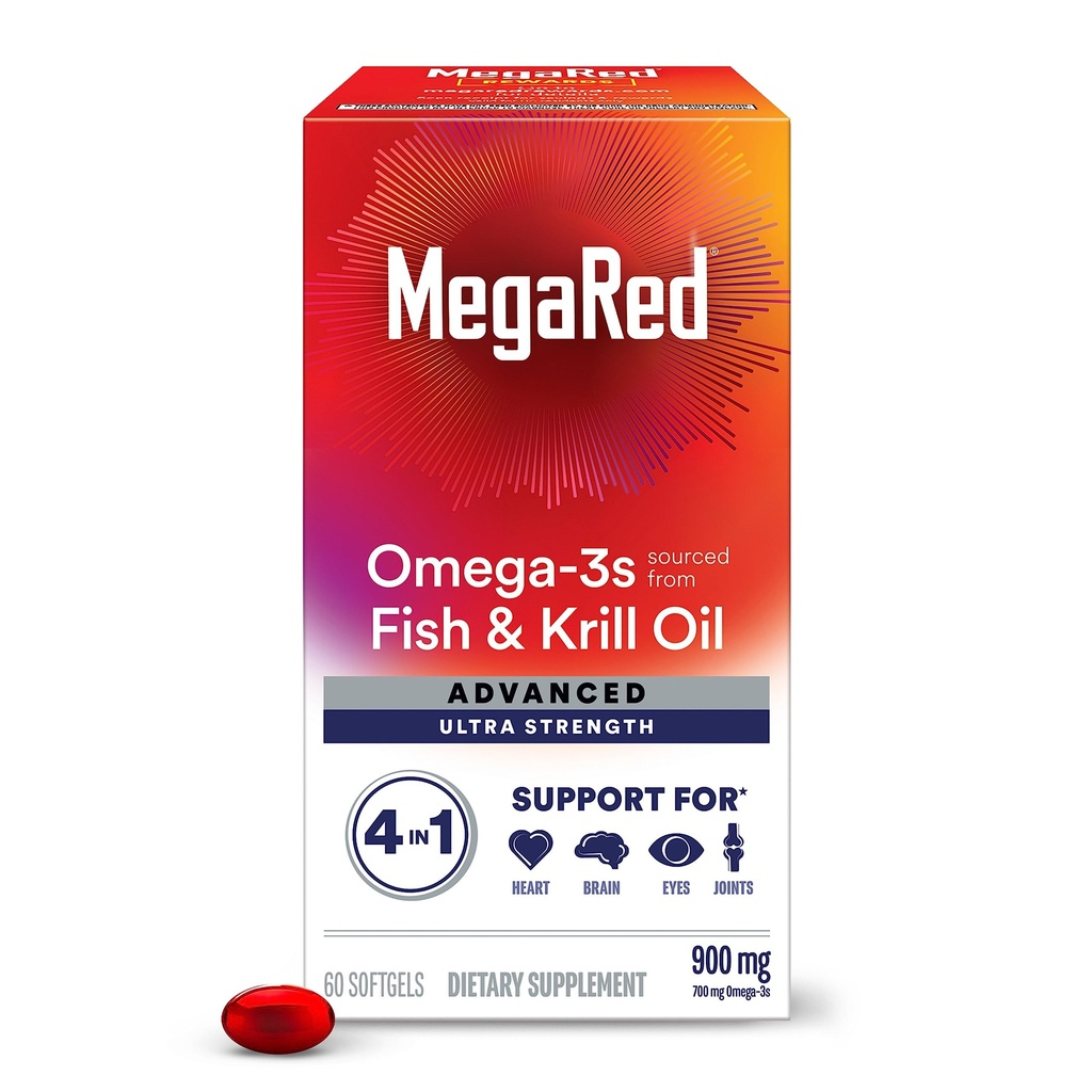 Megared Omega-3 Fish & Krill Oil Suplemen 900mg - MegaRed Advanced 4in1, 60 softgels, 2x More Omegaga- 3, Heart, Gabungan, Brain and Eye Supplemen, Red, 60 Count