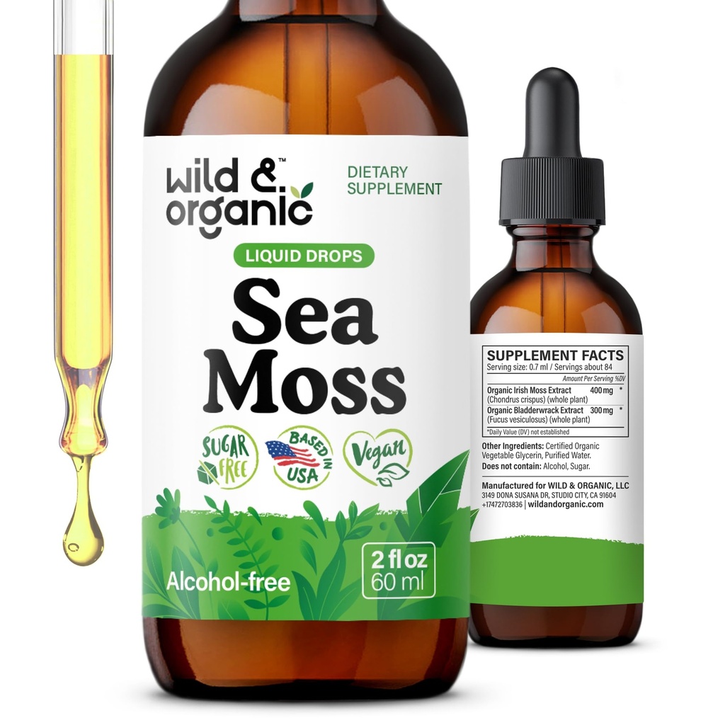 Wild & Organic Sea Moss Liquid Drops - Dukungan Imune - Irish Sea Moss dan Bladdercrack Tincture - Multimineral Chondrus Crispus Supplemen - Vegan, Sugar & Alcohol- Free - 2 fl oz