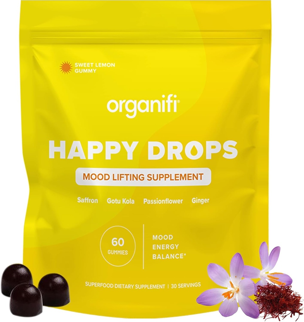 Organifi Happy Drops - Daily Superfood Happy Gummies for Dewasa - Mood Dukung Suplemen untuk Keseimbangan, Kebahagiaan, Energi dan Mengambil The Edge Off - Sweet Lemon Flavor - 60 Gummies