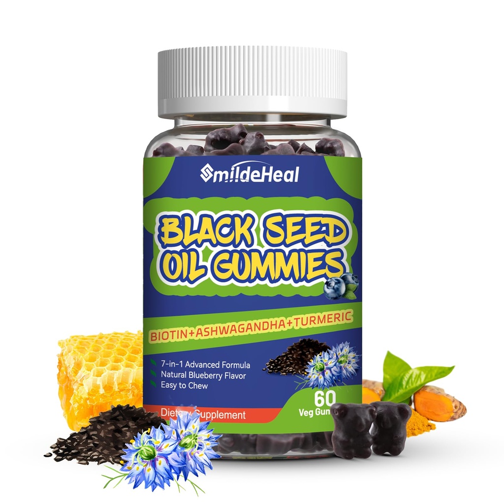 Gumi Minyak Benih Hitam, Cumin Hitam Organik, Gumi Minyak Benih Hitam, Organik Benih Hitam 500mg, Benih Hitam Chewable dan Gummi Madu, Vegan, 60 Gummi
