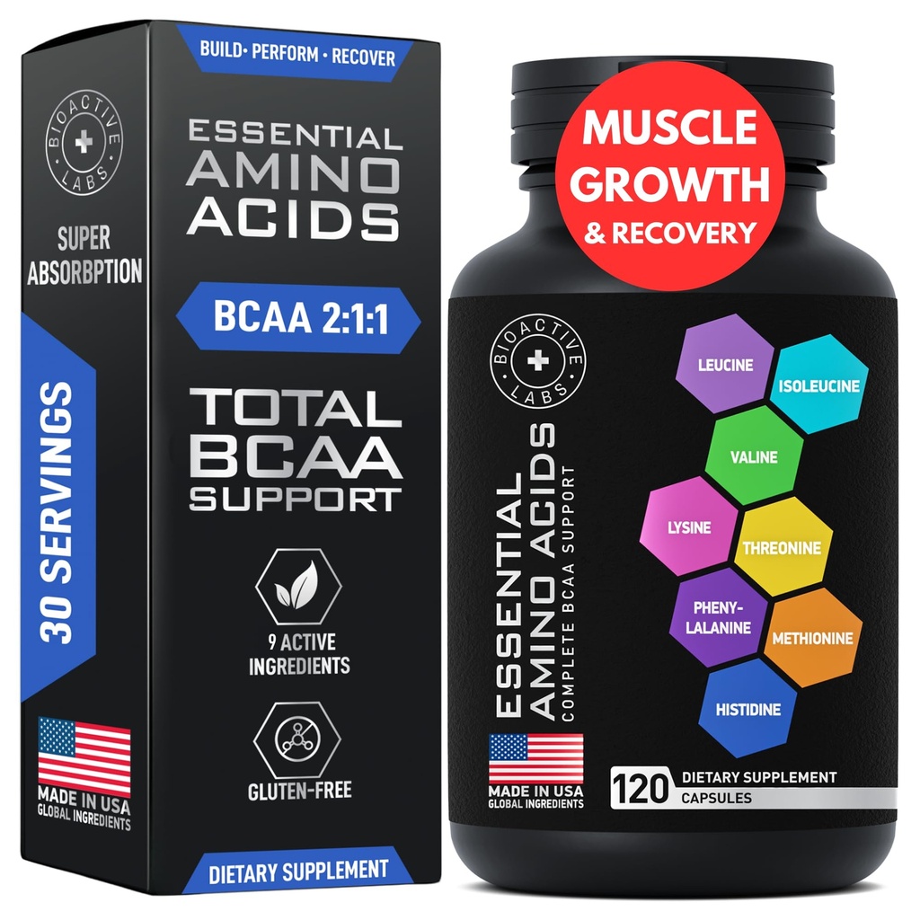 Suplemen Amino Acids untuk Perempuan & Pria - Vegan BCAA Amino Kompleks untuk Perkembangan Otot dengan Semua 9 BCAA Escult Aminos - Advanced Workout Power & Recovery Formula - 120 EA BCAA Pills